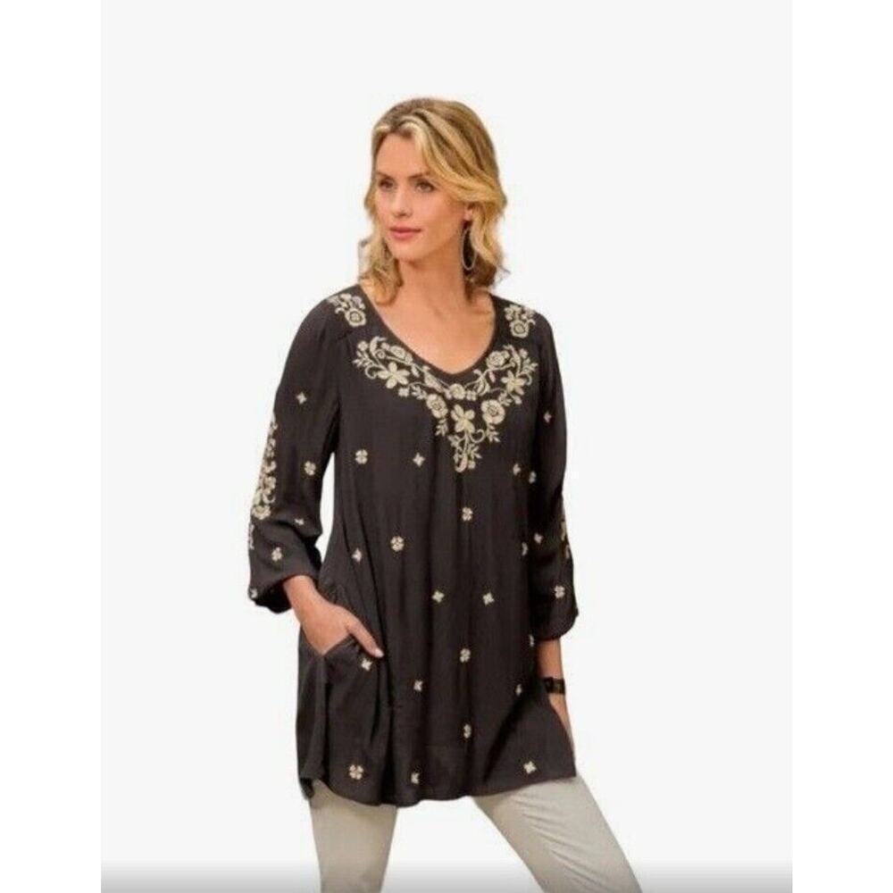 Soft Surroundings Sz L Mirabilis Embroidered Tunic Back Keyhole in Black/Cream